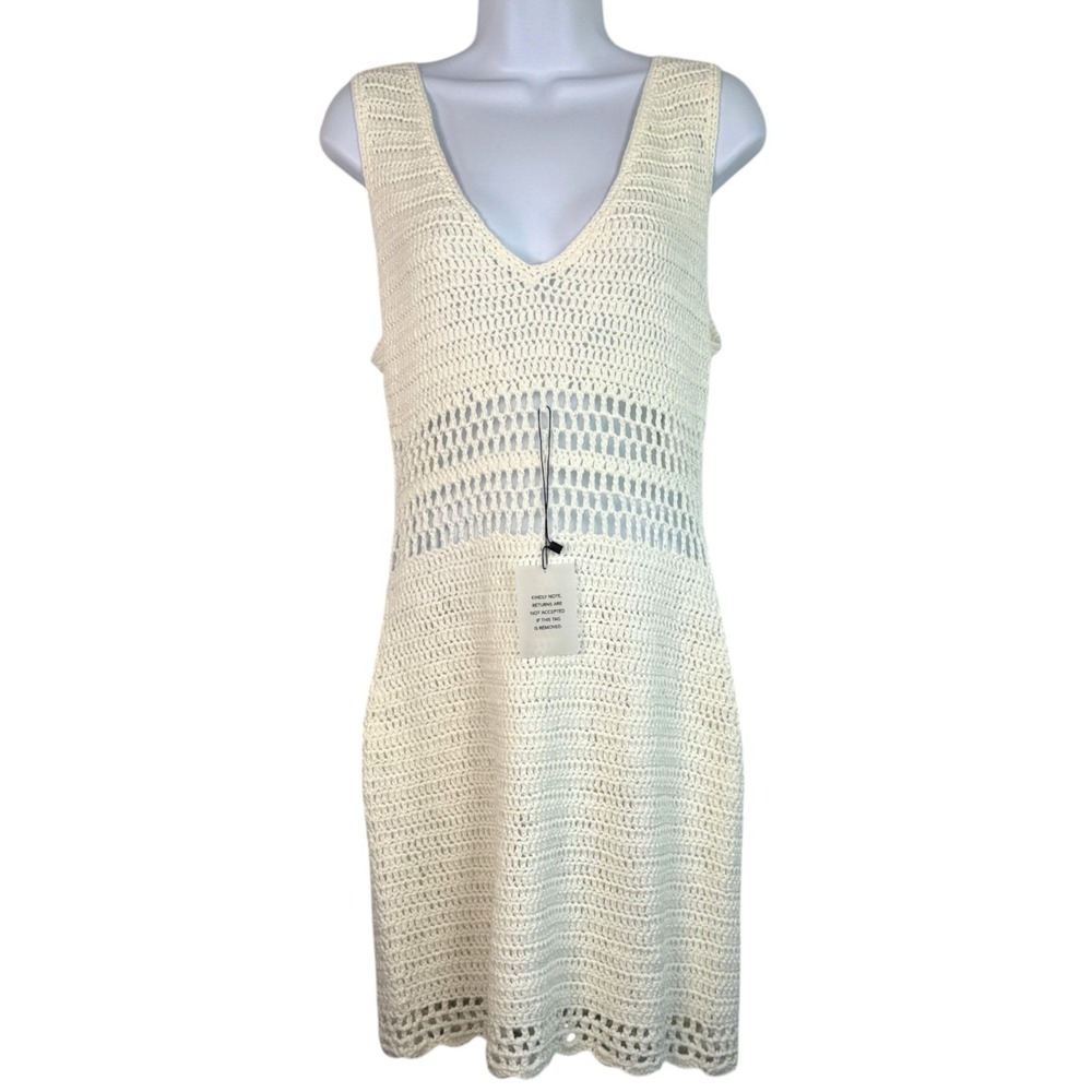 Superdown Open Knit Crochet Mini Dress Sz L Ivory Boho Beach Cover Up Festival - Picture 2 of 10